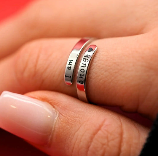 Sterling silver I Am Enough Ring symbolizing self-love and mental health support