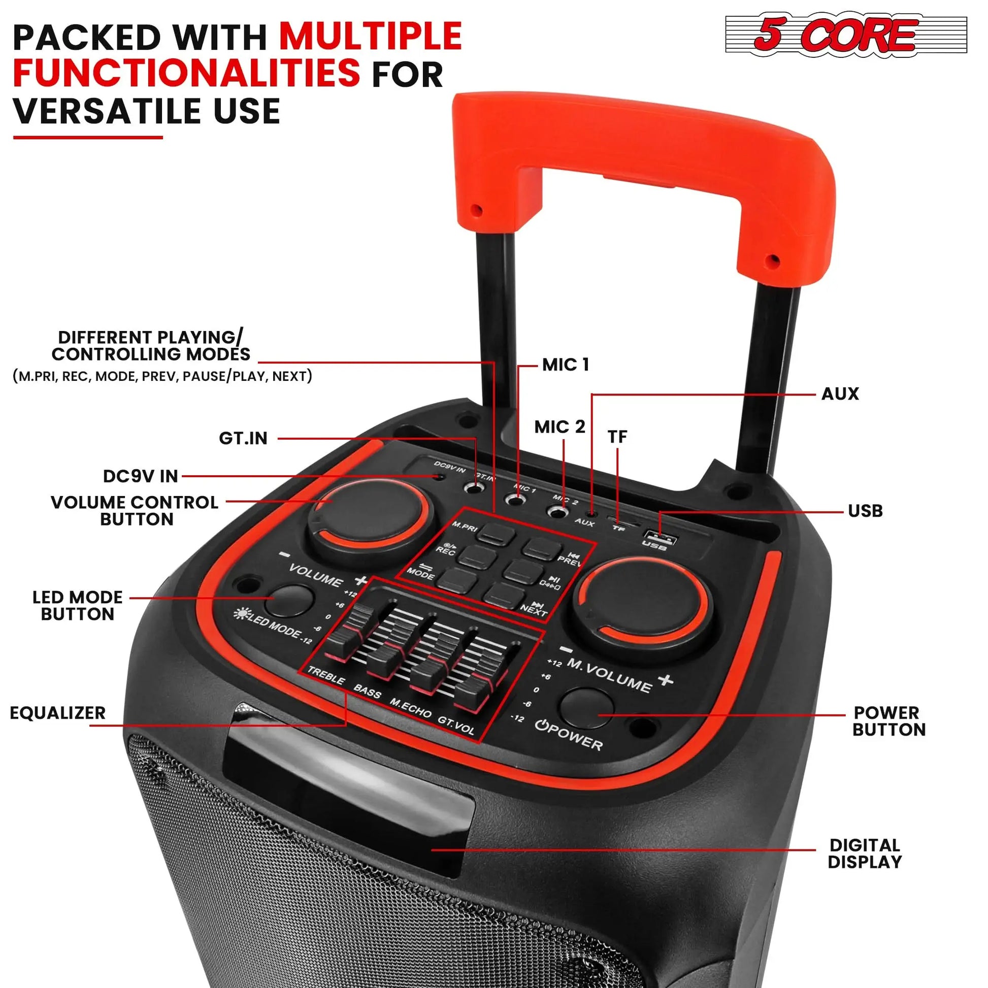 5Core Bluetooth Party Speaker 10 inch PA RGB Partybox Karaoke Machine + 2 Wireless Mic - Epic Deals USA