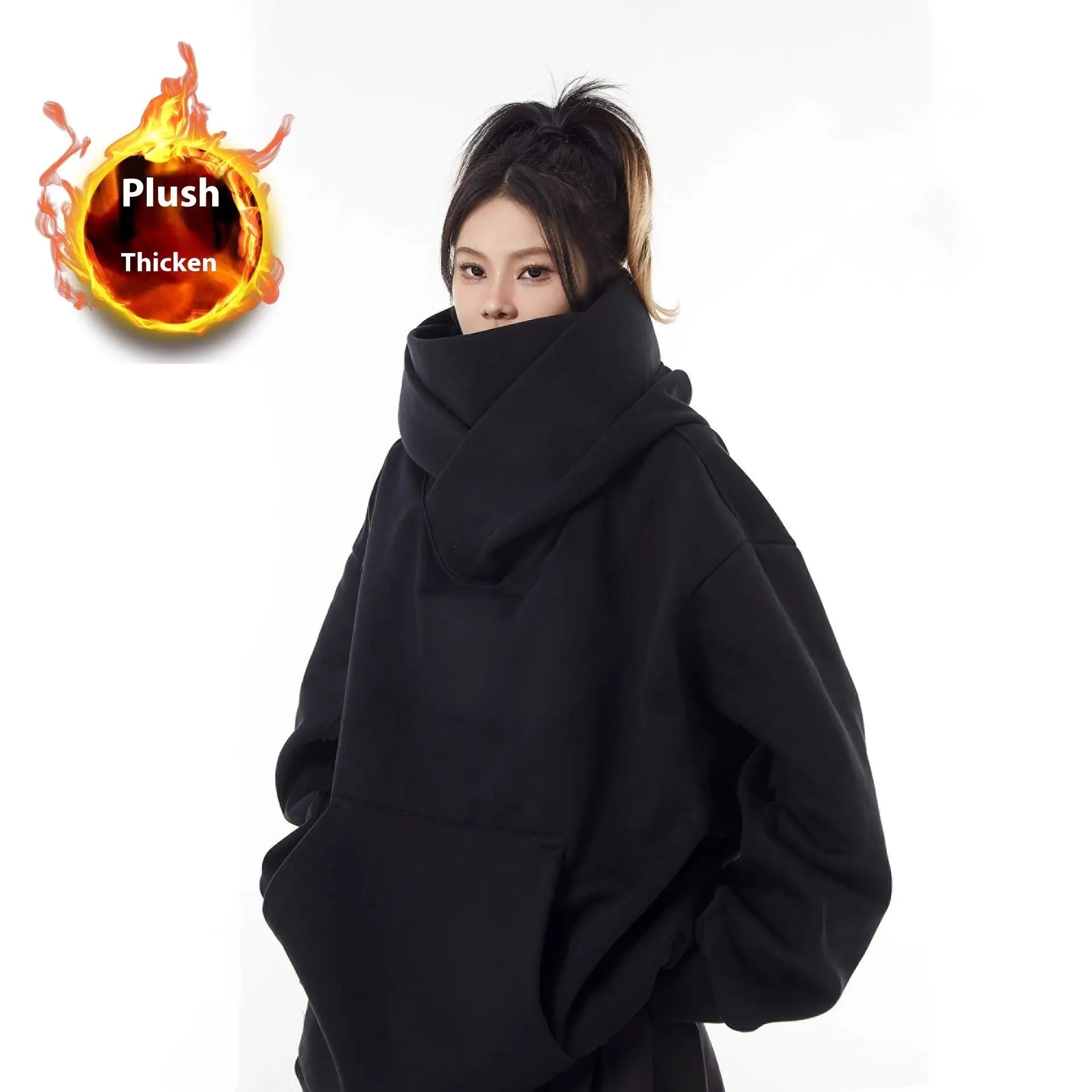 Loose High Collar Fleece Lined Hoodie - Epic Deals USA