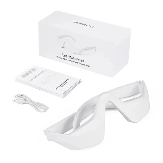 Wireless eye massager with red light and heat therapy for eye strain relief and improved circulation.