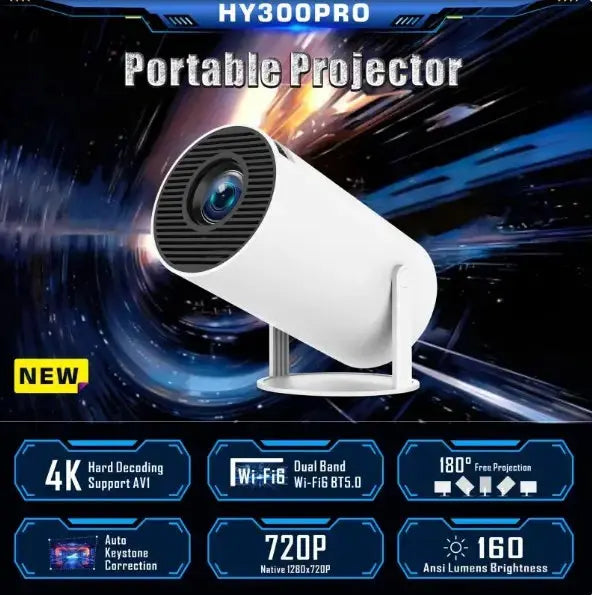 HY300 Pro Projector compact HD home theater with built-in speaker and versatile connectivity