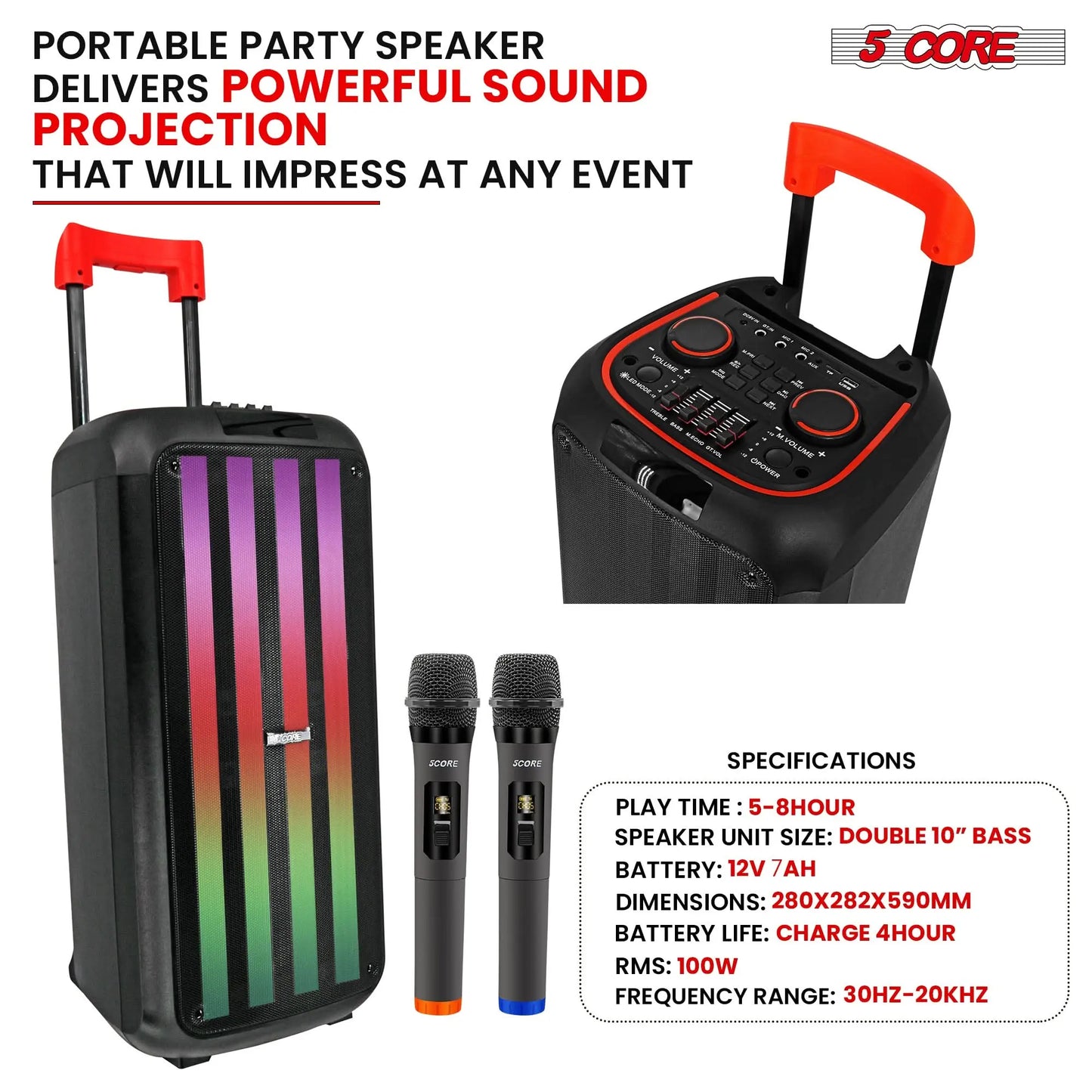 5Core Bluetooth Party Speaker 10 inch PA RGB Partybox Karaoke Machine + 2 Wireless Mic - Epic Deals USA