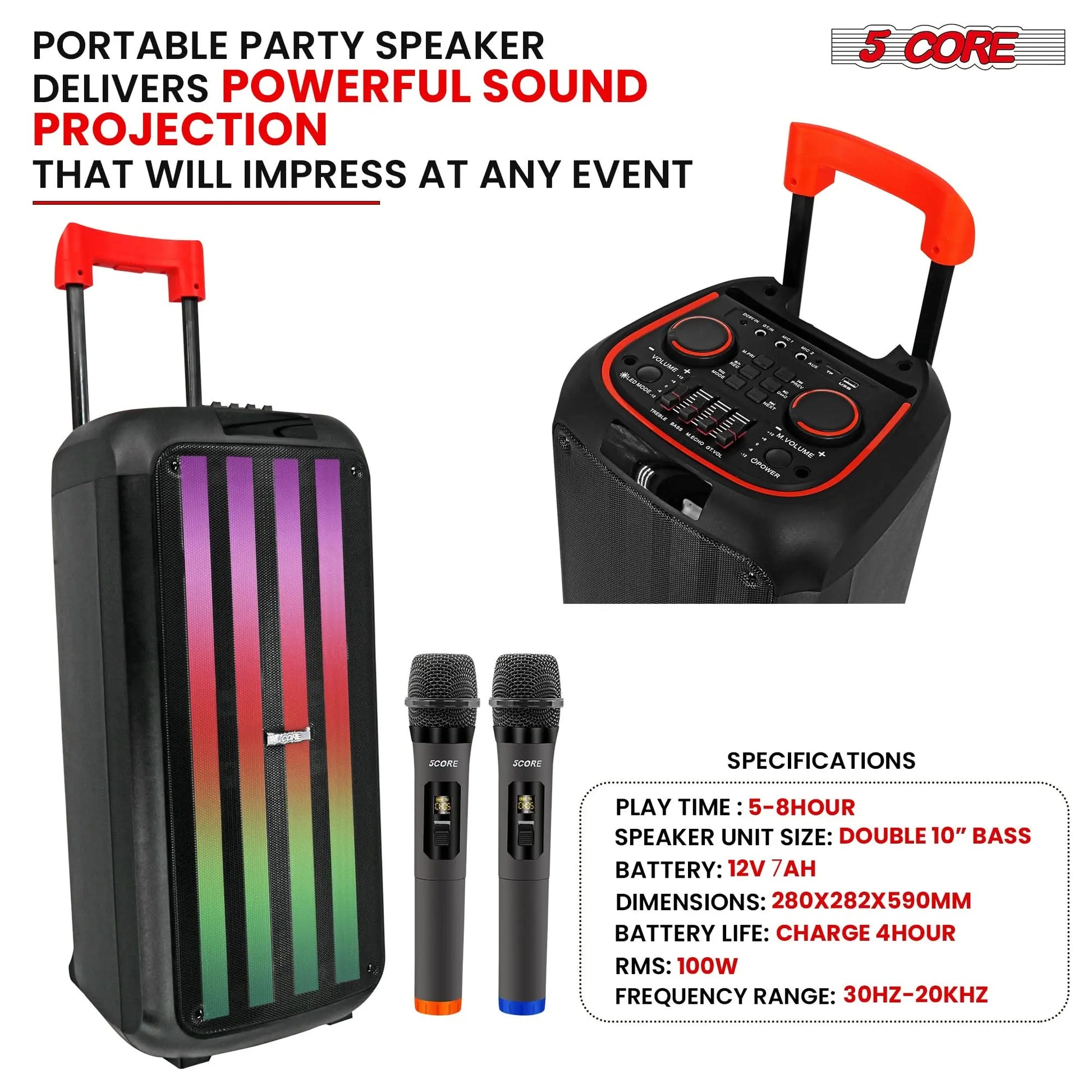 5Core Bluetooth Party Speaker 10 inch PA RGB Partybox Karaoke Machine + 2 Wireless Mic - Epic Deals USA