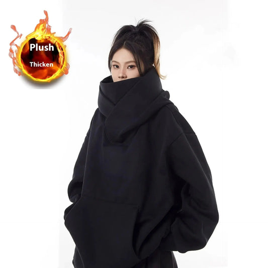 Loose high collar fleece lined hoodie for cold weather comfort