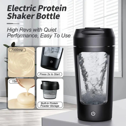 Electric portable whey protein shaker bottle blending a smooth protein shake