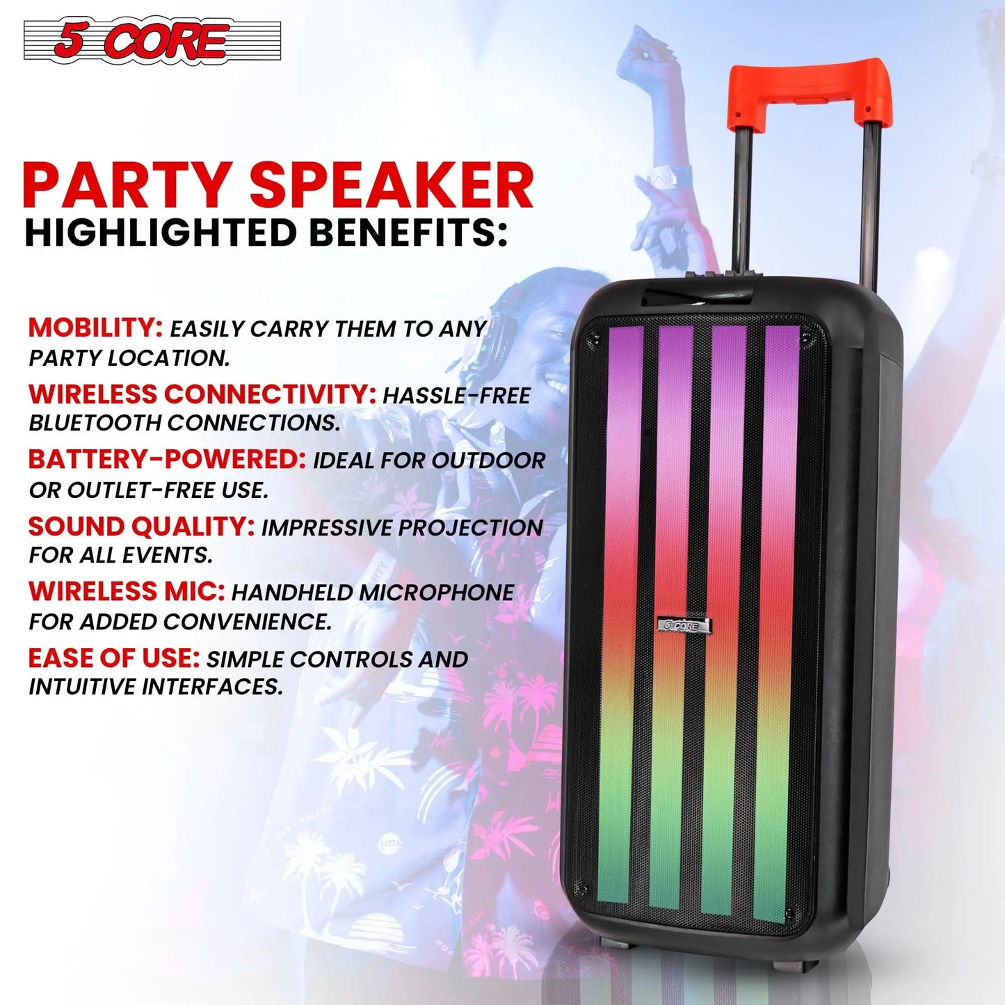 5Core Bluetooth Party Speaker 10 inch PA RGB Partybox Karaoke Machine + 2 Wireless Mic - Epic Deals USA