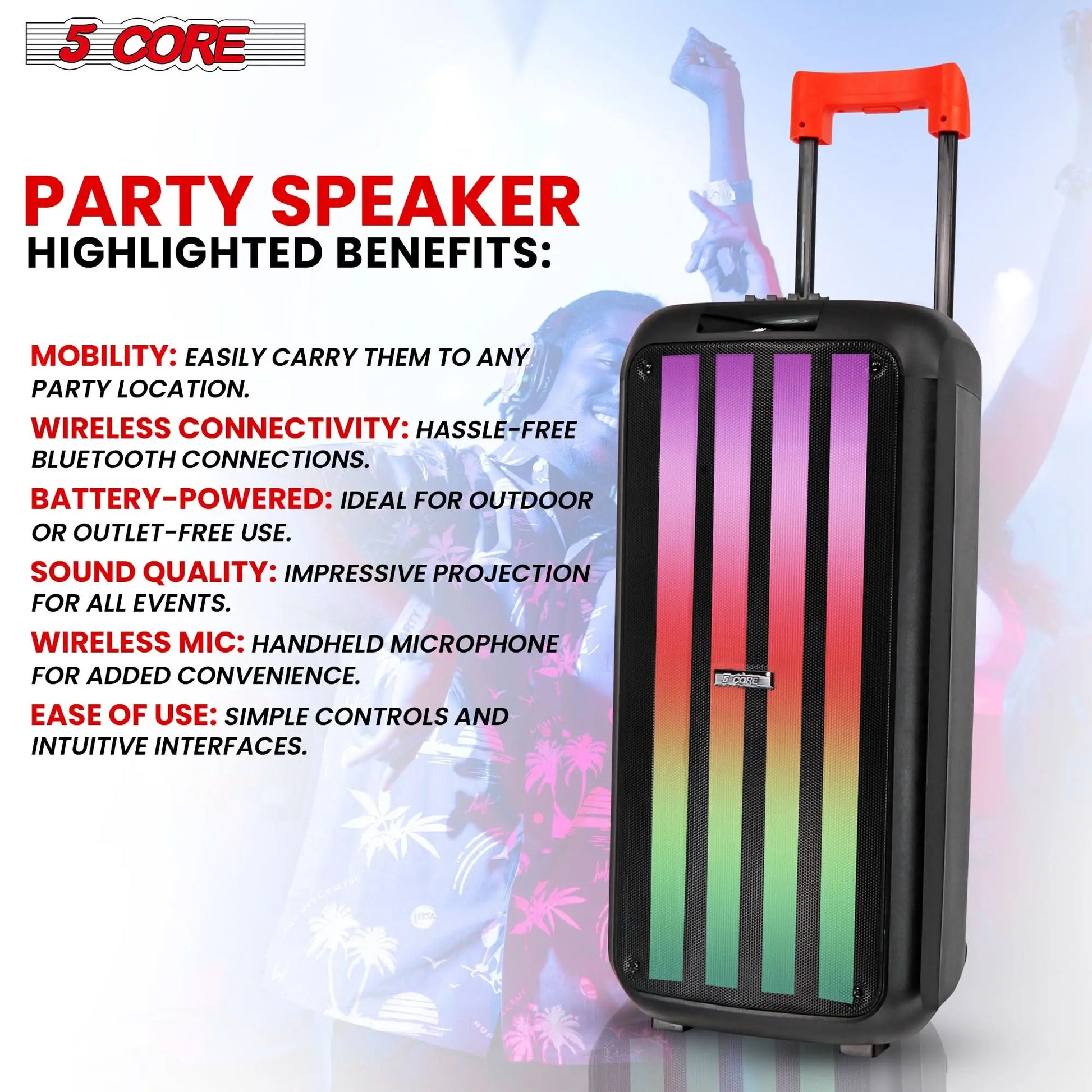 5Core Bluetooth Party Speaker 10 inch PA RGB Partybox Karaoke Machine + 2 Wireless Mic - Epic Deals USA