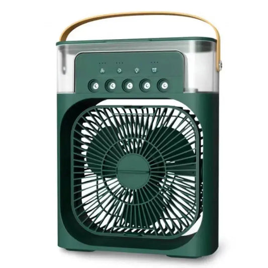 Portable 3-in-1 air cooler fan with 3 wind speeds, 5 spray modes, LED night light, quiet USB-powered design for room, office, and car use