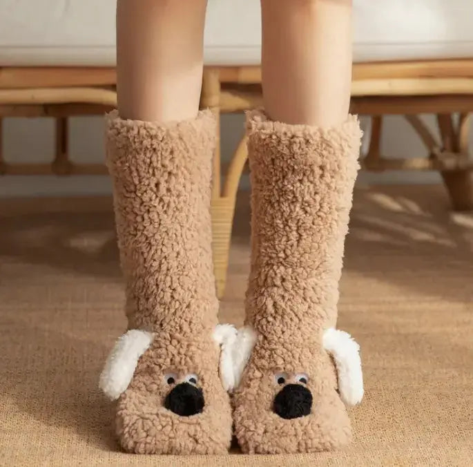 Women’s plush dog socks with non-slip soles for indoor use and winter warmth