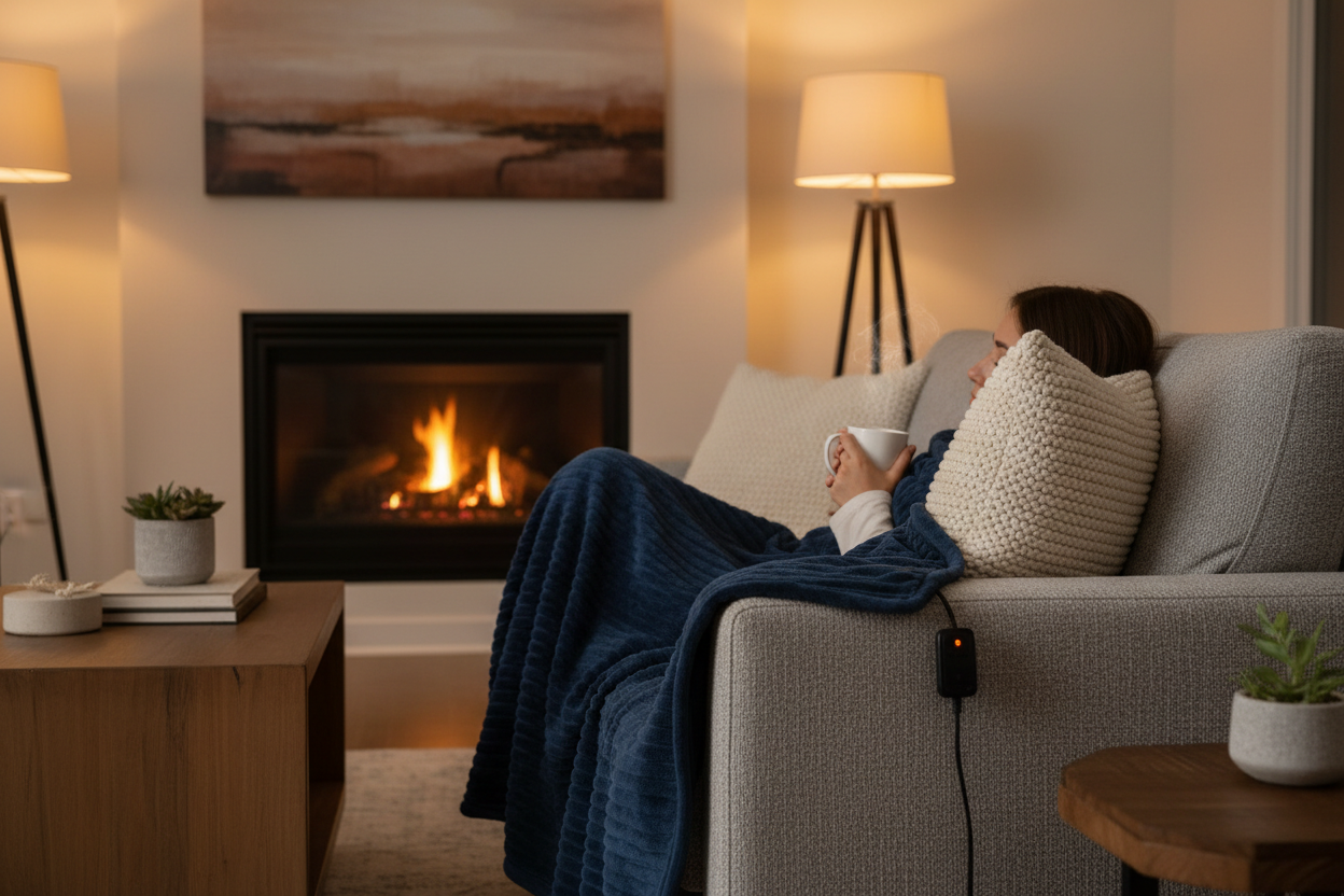 Navy Blue Heated Blanket Lifestyle